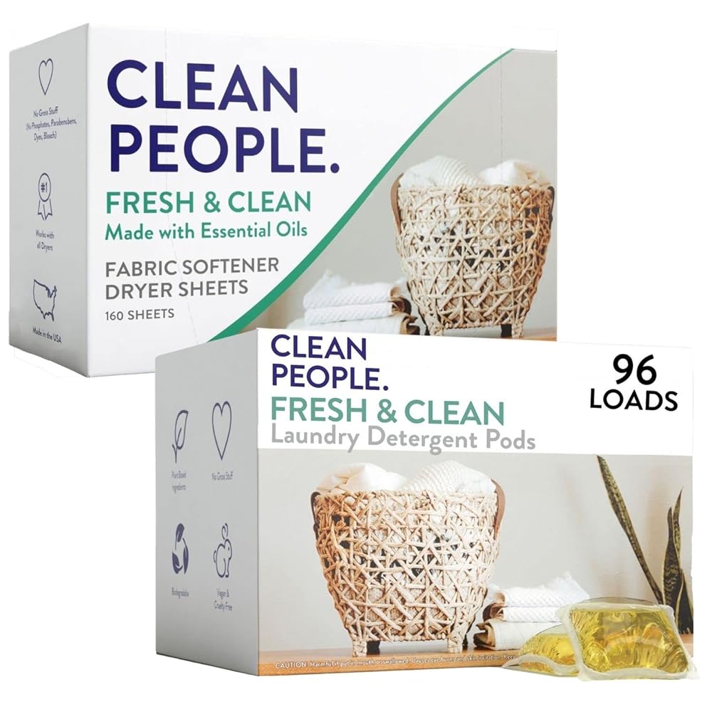 Clear Individuals Plant-Primarily based Laundry Detergent Pods & Eco-Pleasant Cloth Softener Sheets – 96 Depend Pods & 160 Depend Dryer Sheets (Contemporary Scent)