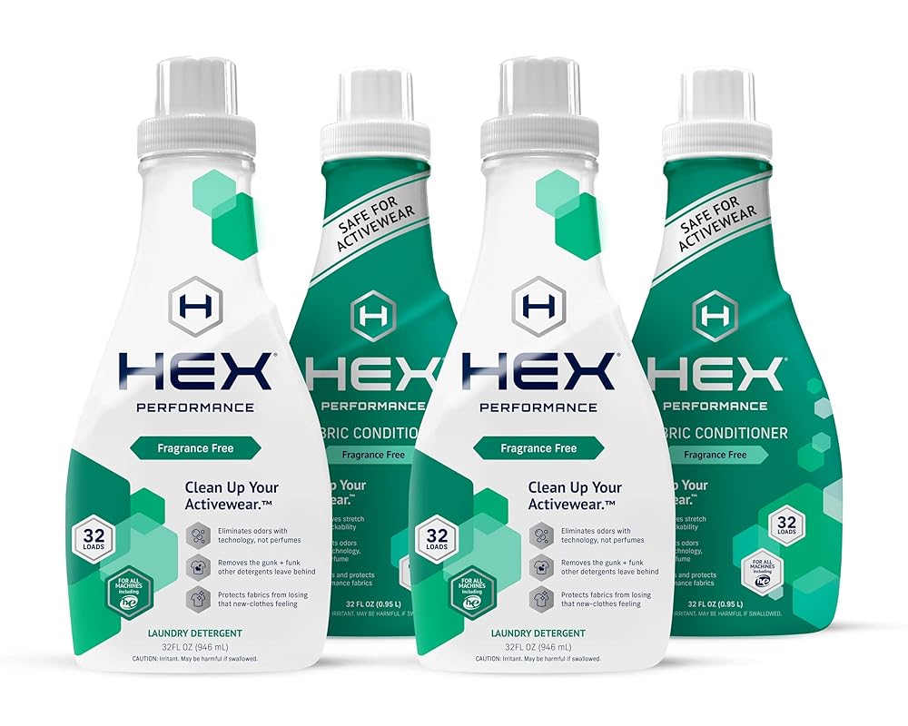 HEX Efficiency Laundry Detergent and Cloth Conditioner Bundle, Unscented, (4 Bottles) – Tailor-made for Activewear, Light on Delicate Pores and skin, Eco-Pleasant, Concentrated Formulation